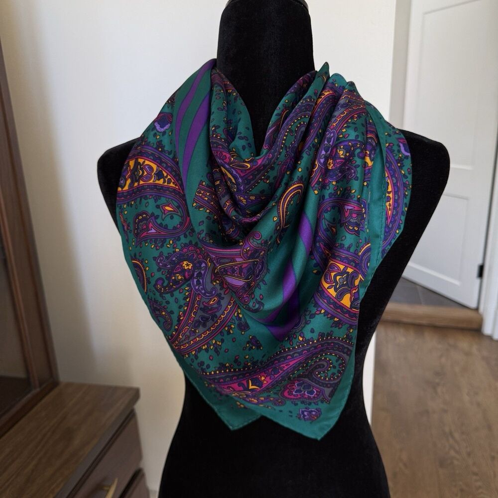 Nina Ricci Paisley Silk Scarf 35” Square Deep Jewel Tones 100% Silk Paris Seoul - Picture 8 of 8